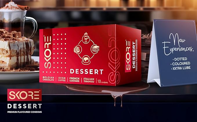 Skore Dessert Condoms : Belgian Chocolate | Irish Coffee | French Custard | Italian Tiramisu Flavoured 10pc 10pc