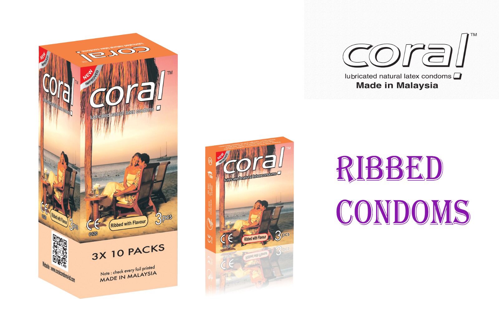 Coral Ribbed Condoms 