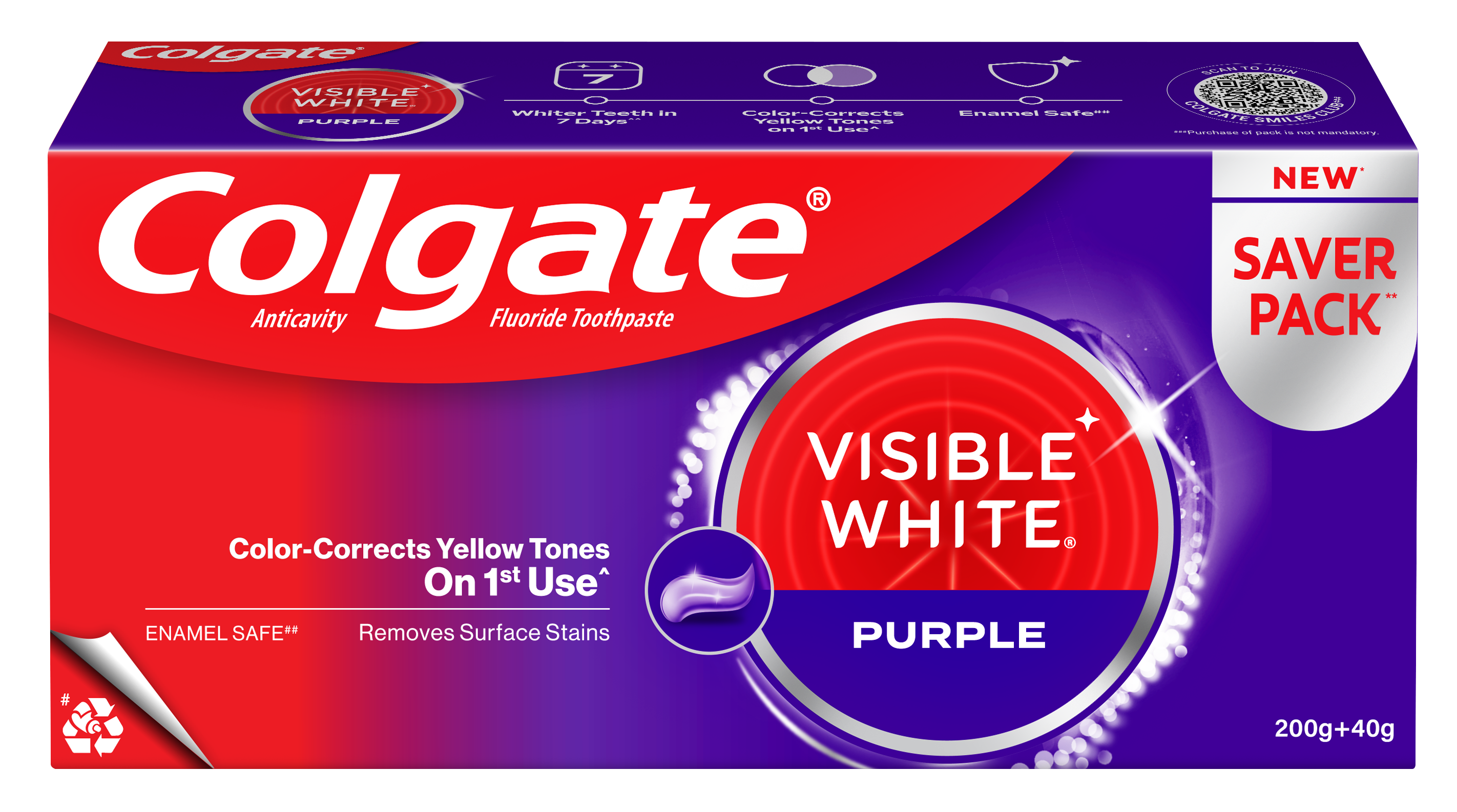 Colgate Visible White Purple Toothpaste 200g + 40g | MedEasy