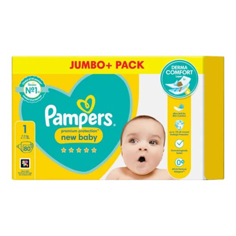 Pampers New Baby Size 1, 80 Nappies, 2kg-5kg, Jumbo + Pack 80pcs
