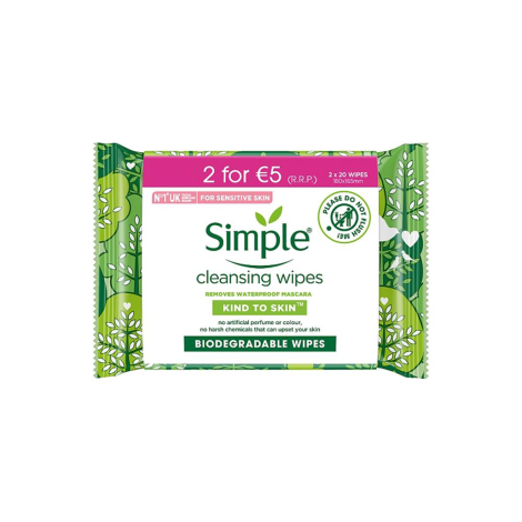 Simple Biodegradable Cleansing Wipes Twin Pack 20 Wipes 20pcs